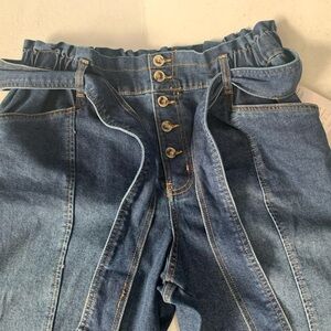 Dark Wash Paper Bag Waist Wide Leg Denim Jeans